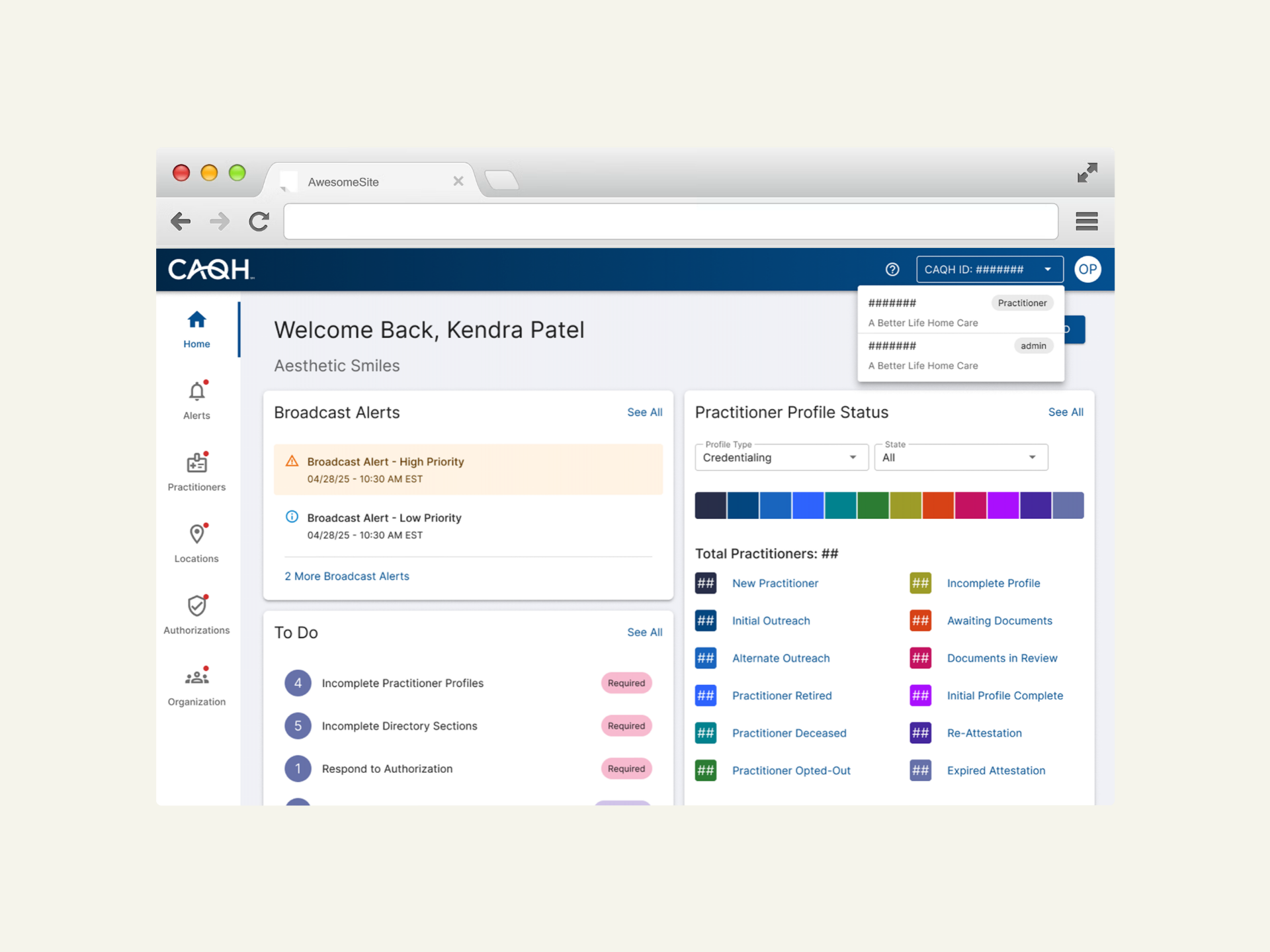 CAQH provider dashboard showing broadcast alerts, to-do list, and practitioner profile status.