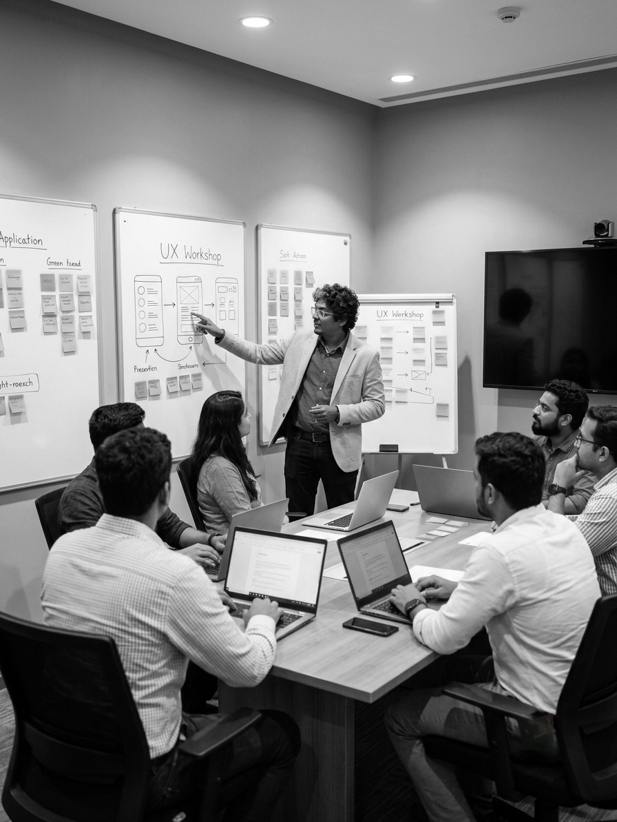 A UX workshop session with a facilitator presenting wireframes on a whiteboard to a team.