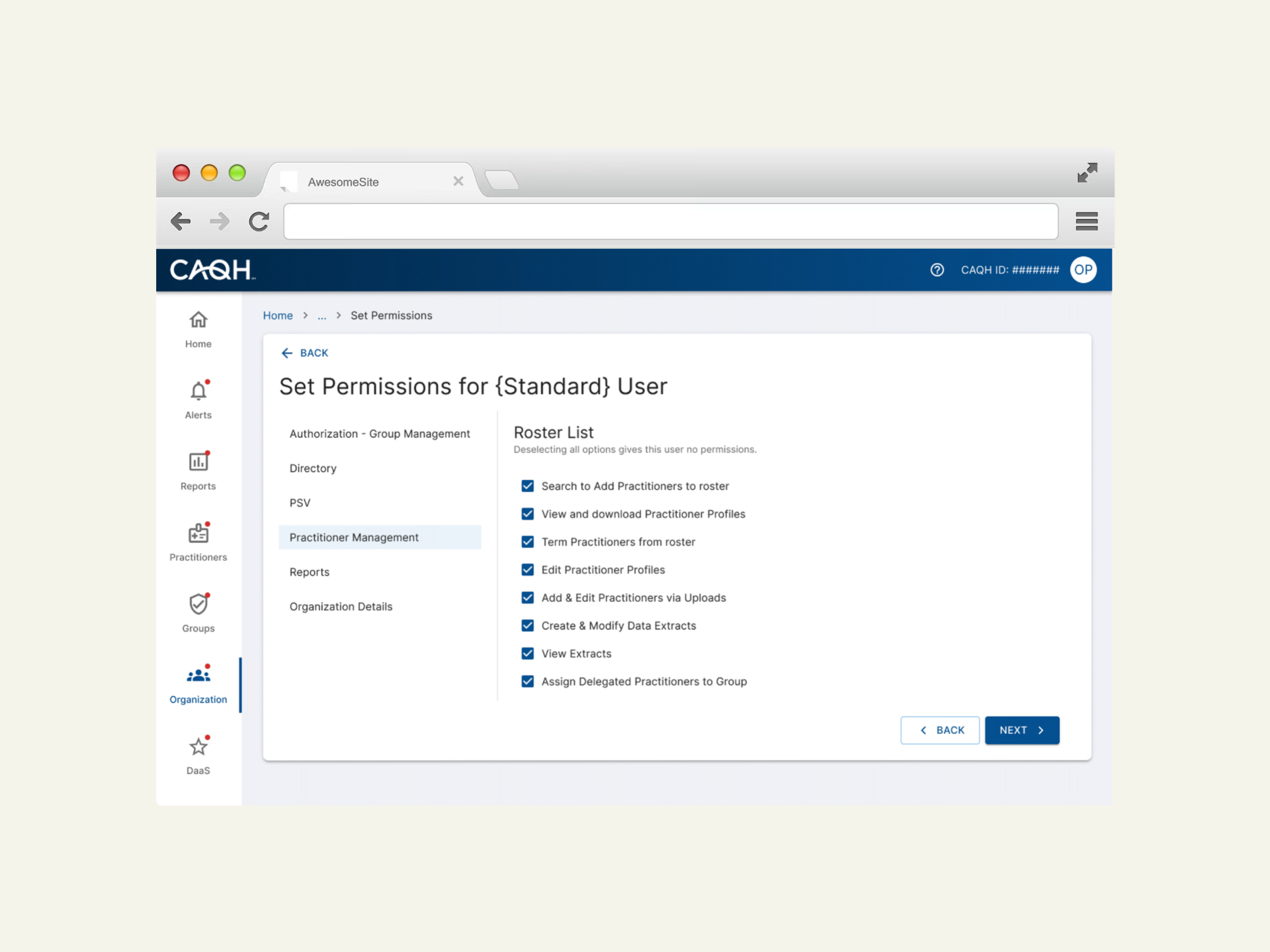 CAQH Set Permissions screen for a standard user configuring roster list access.