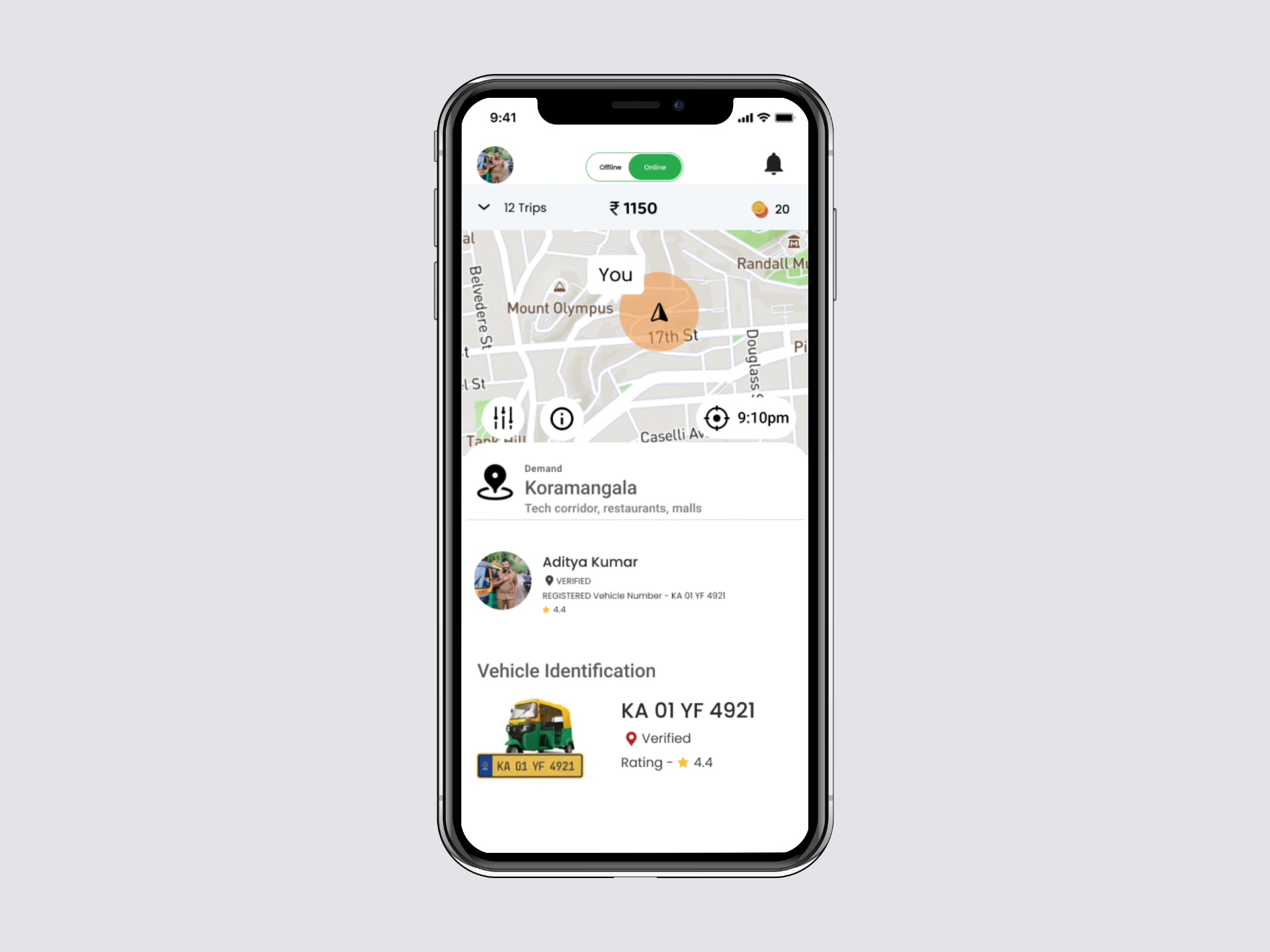 Namma Yatri driver app redesigned home screen with map, demand hotspots, driver profile, and vehicle details.