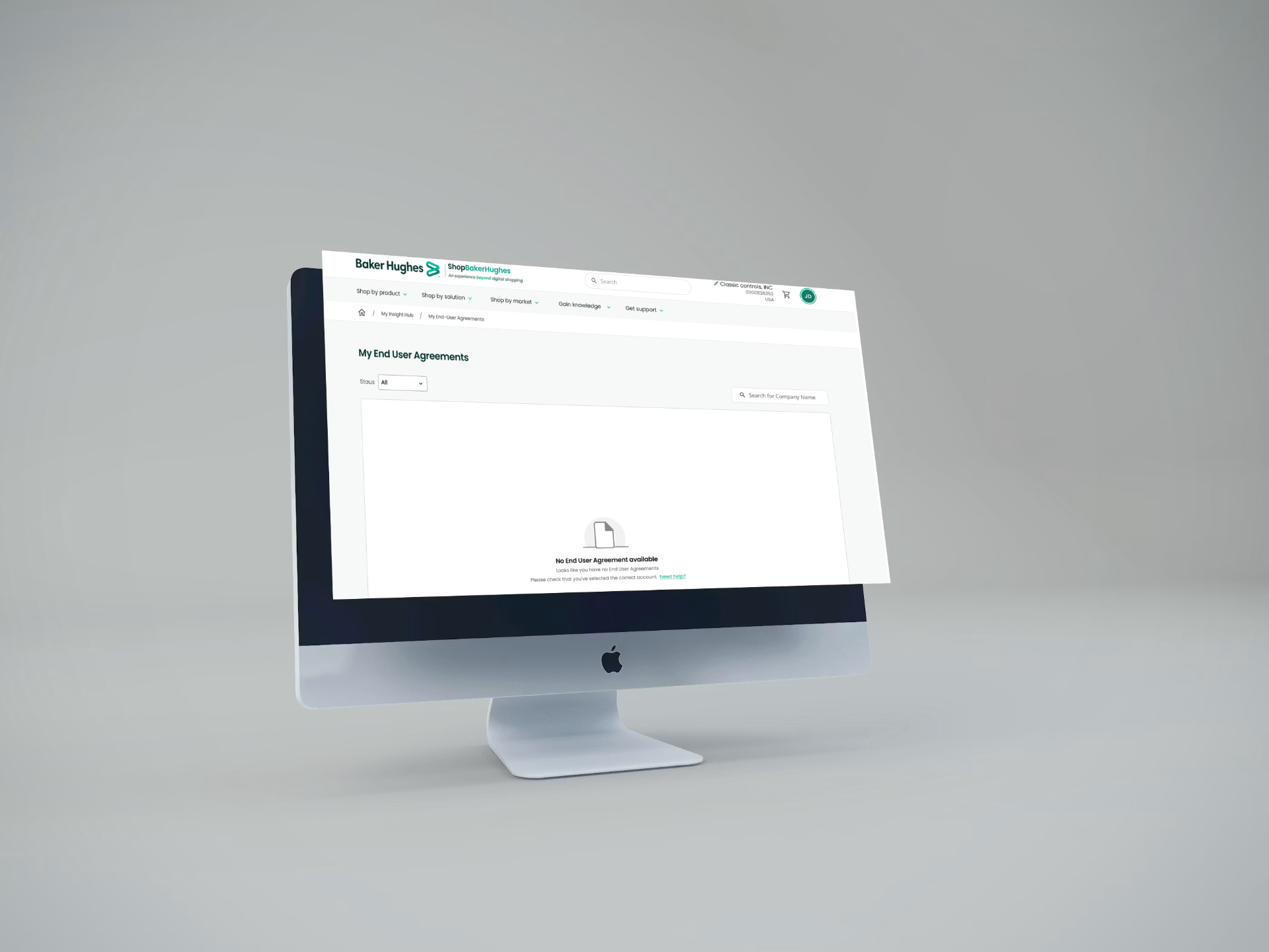 Baker Hughes My End User Agreements screen shown on an iMac.
